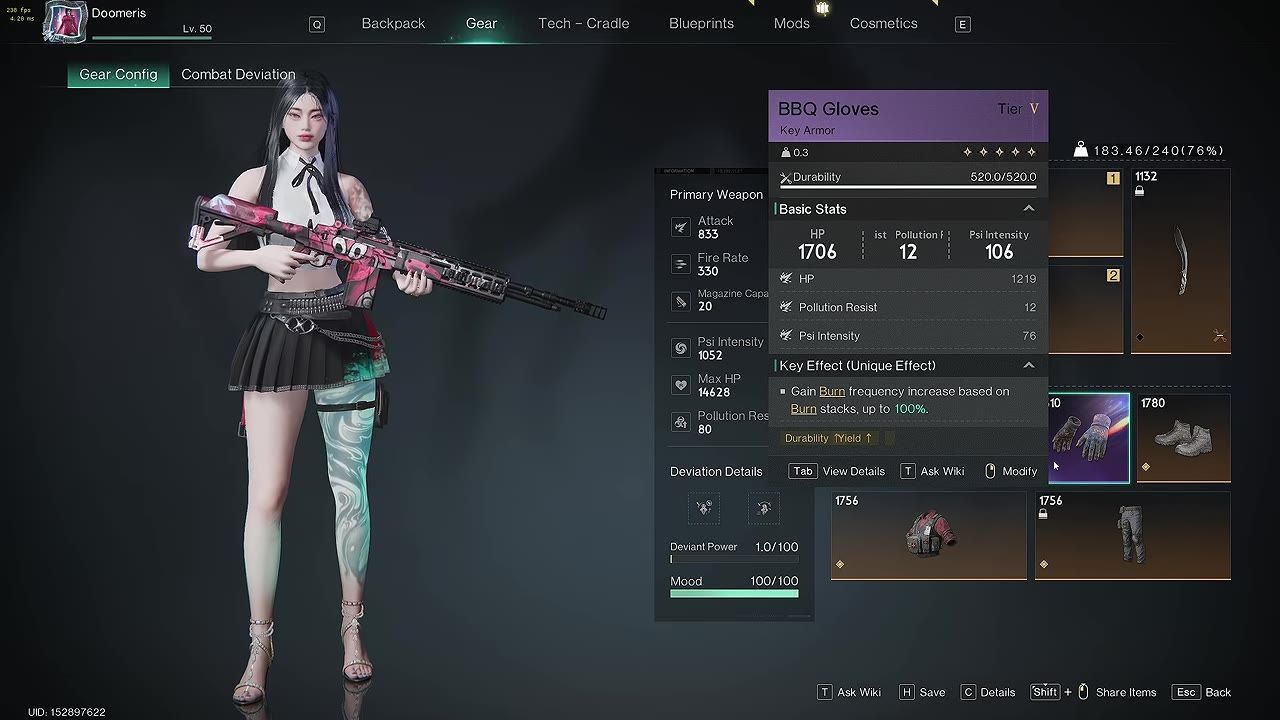 A game inventory menu showing Barbecue Gloves with displayed stats and effects.