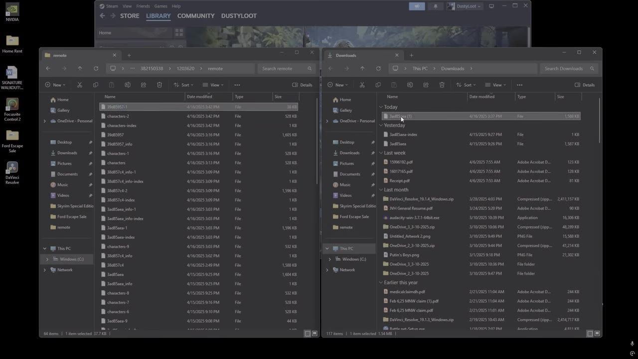 File Explorer showing save files being accessed and renamed.