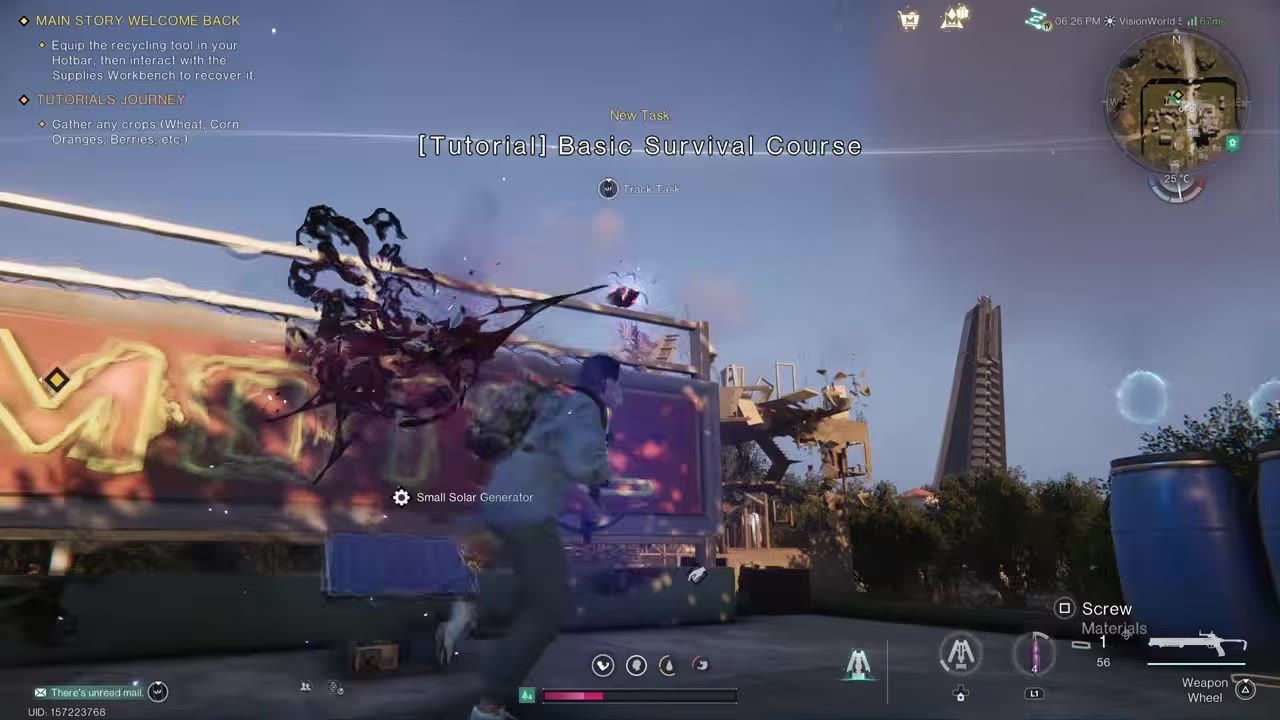A player interacts with a small solar generator using a tool, amid a background of urban structures and a clear sky.