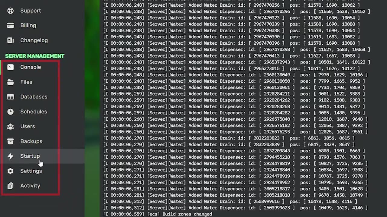 A server hosting service dashboard showing server management options and console logs.