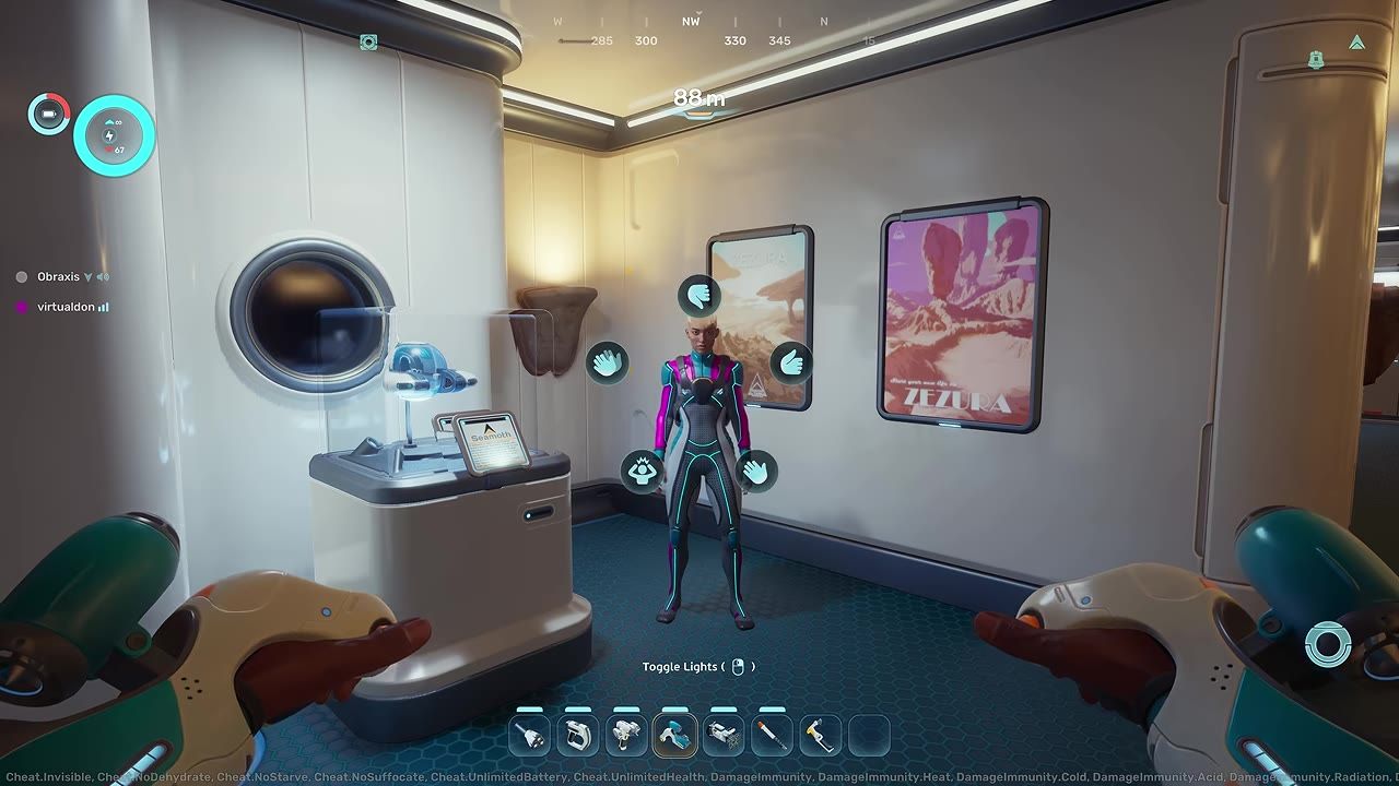 A first-person view shows a character standing in a room with multiple hand gesture emote icons arranged around them and a radial-style menu at the bottom of the screen.