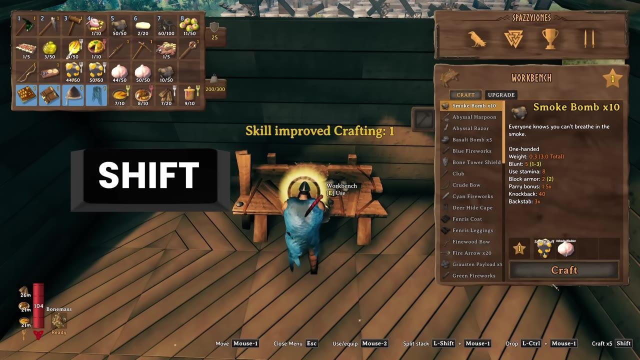 A character at a workbench crafting items with the interface showing bulk crafting options.