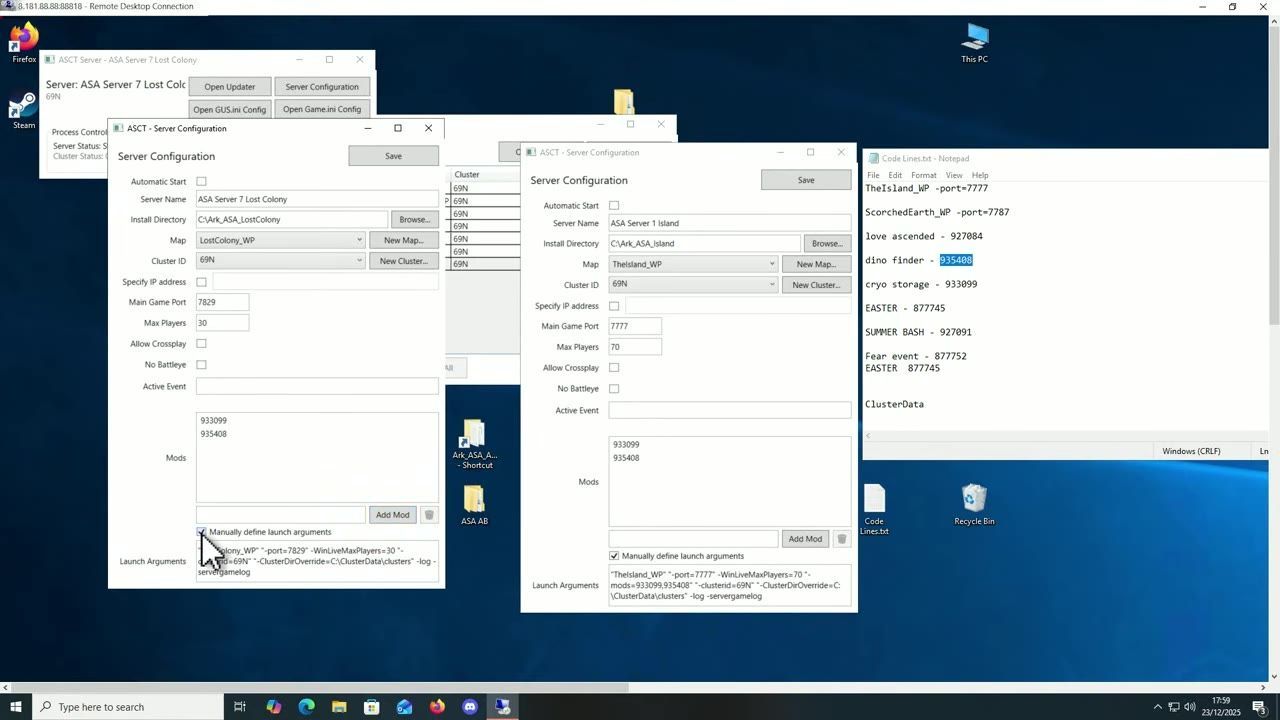 A screen showing server configuration windows with mod IDs listed in the configurations.