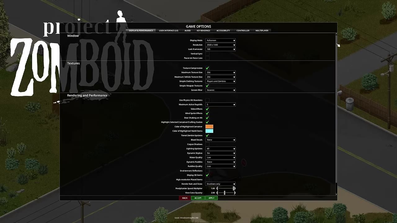 In-game graphics options screen displaying various rendering and performance settings.