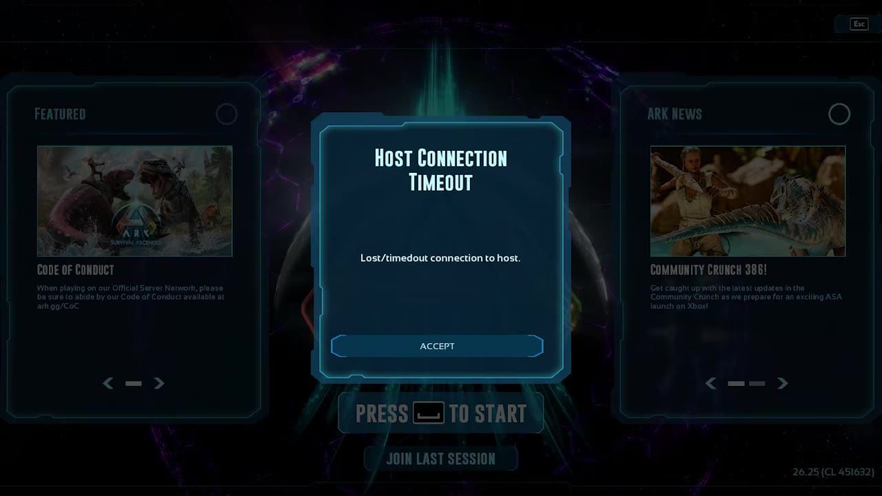 A game screen showing a 'Host Connection Timeout' error message and connection issue details.