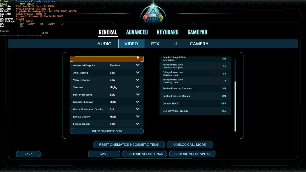 A settings menu displaying advanced graphical options such as textures and global illumination quality.