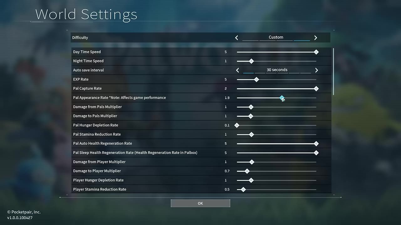 World settings screen with multiple adjustable sliders, including pal appearance rate set to 1.9.