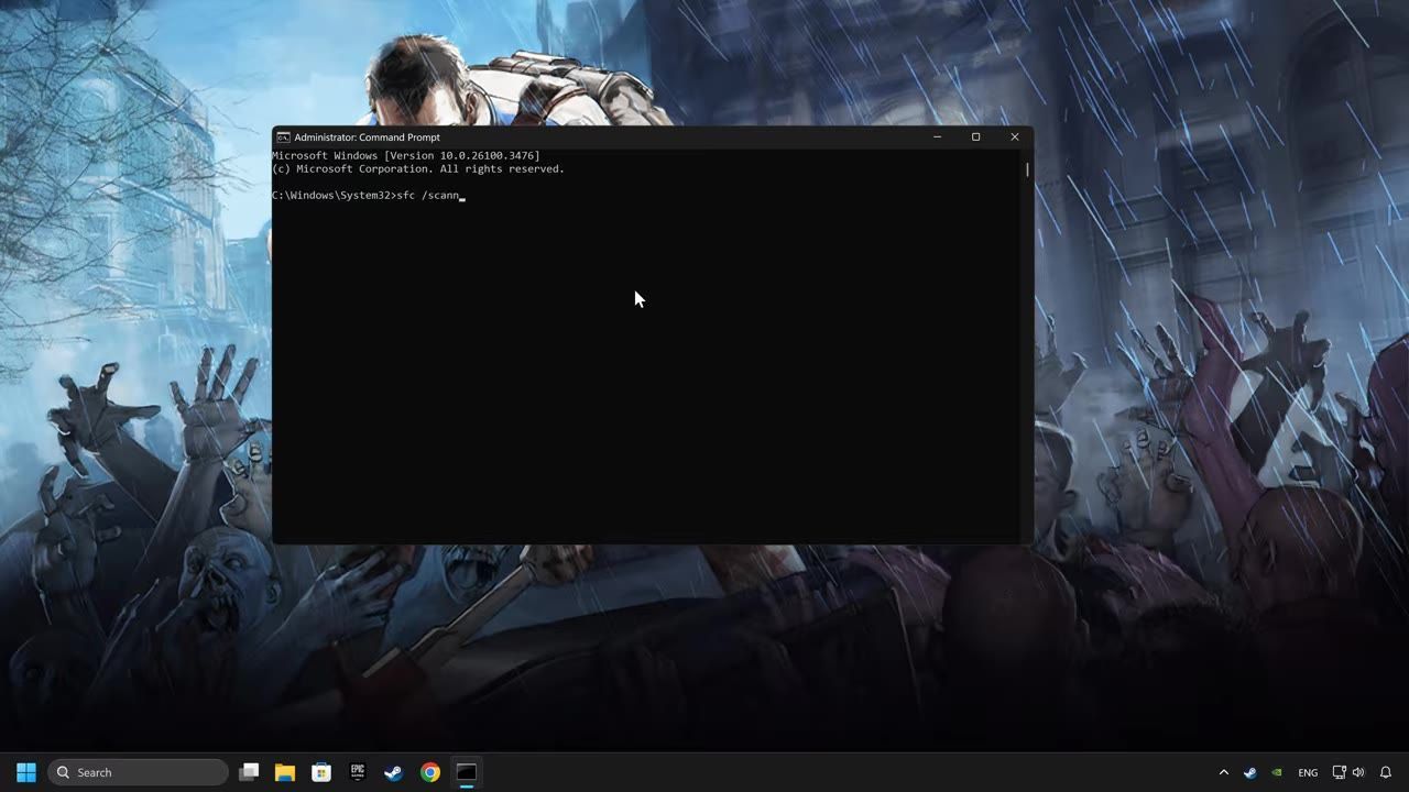 Command prompt on Windows displaying 'sfc /scannow' command waiting to be executed.