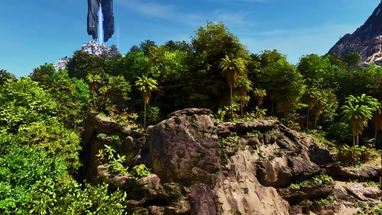 An elevated rocky area surrounded by dense forest under a clear blue sky.