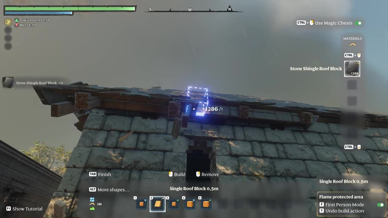 Game scene showing a roof being constructed with stone shingles and wood elements in a building interface.
