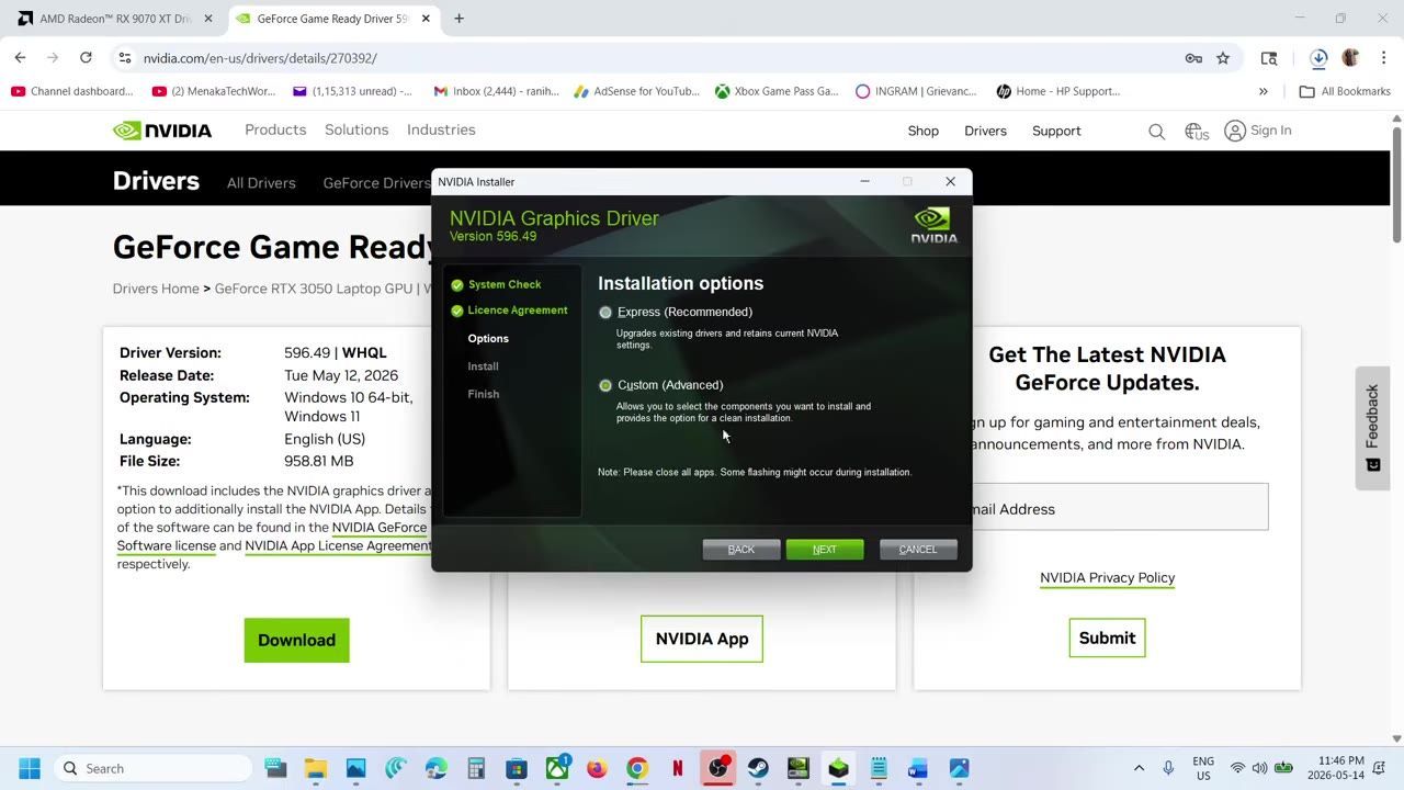 NVIDIA graphics driver installation wizard with instructions for a clean installation displayed.
