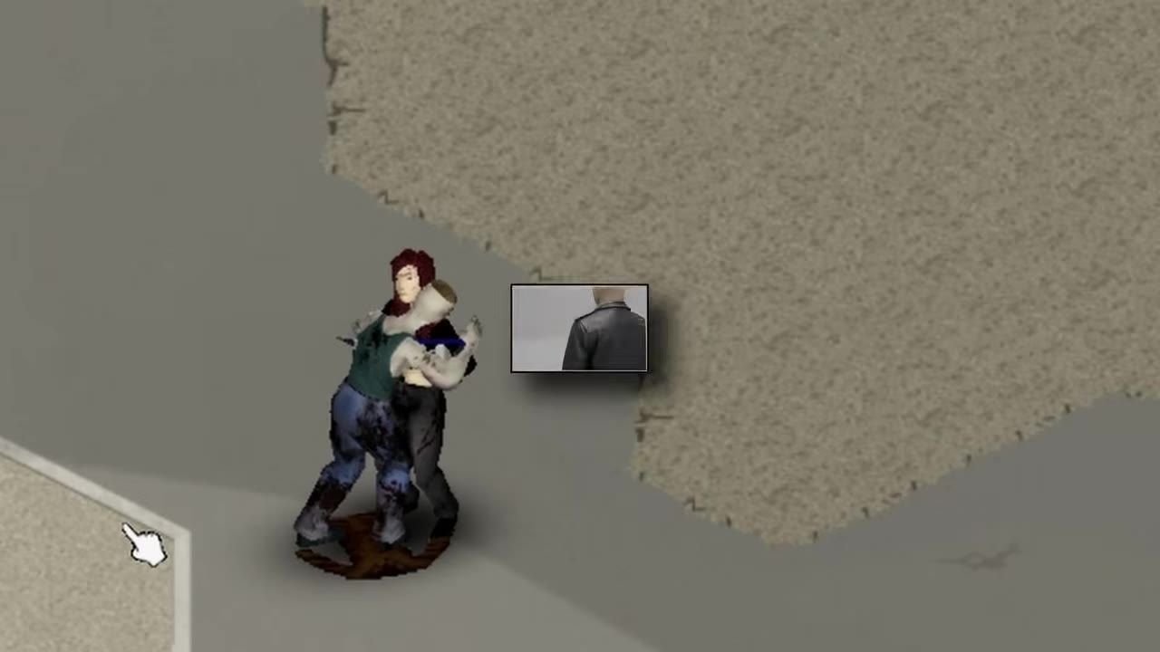 A character in a green shirt shoving a zombie while standing on a gray surface.