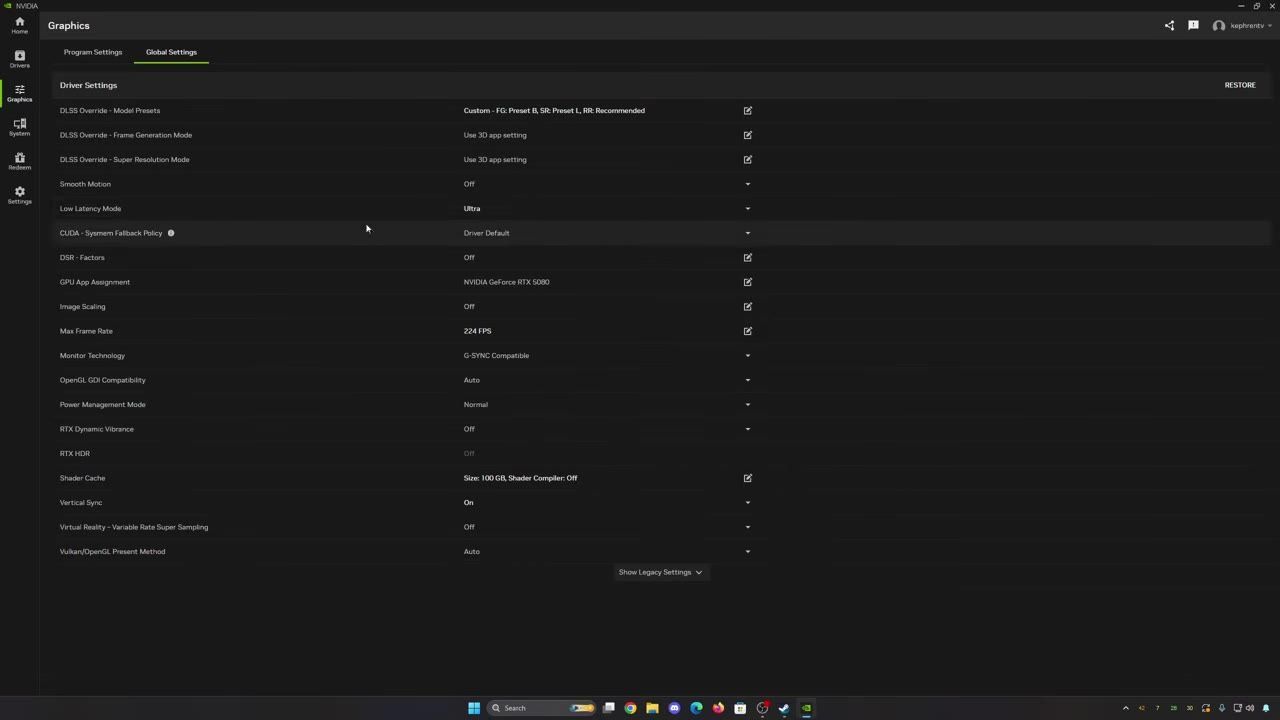 Nvidia graphics panel displaying global driver settings including DLSS and Low Latency Mode configurations.
