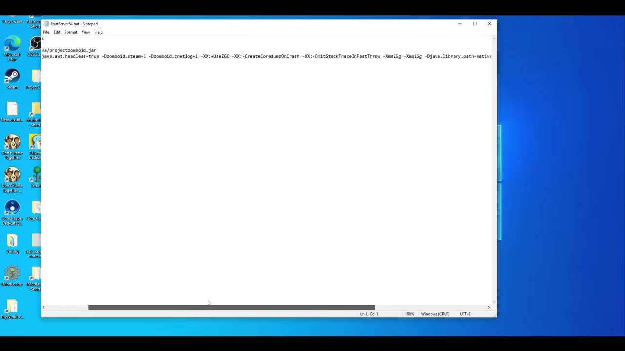 The server batch file displayed in Notepad on a Windows desktop.