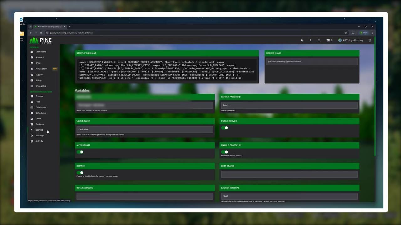 Server settings interface showing various parameters including world name and backup interval.
