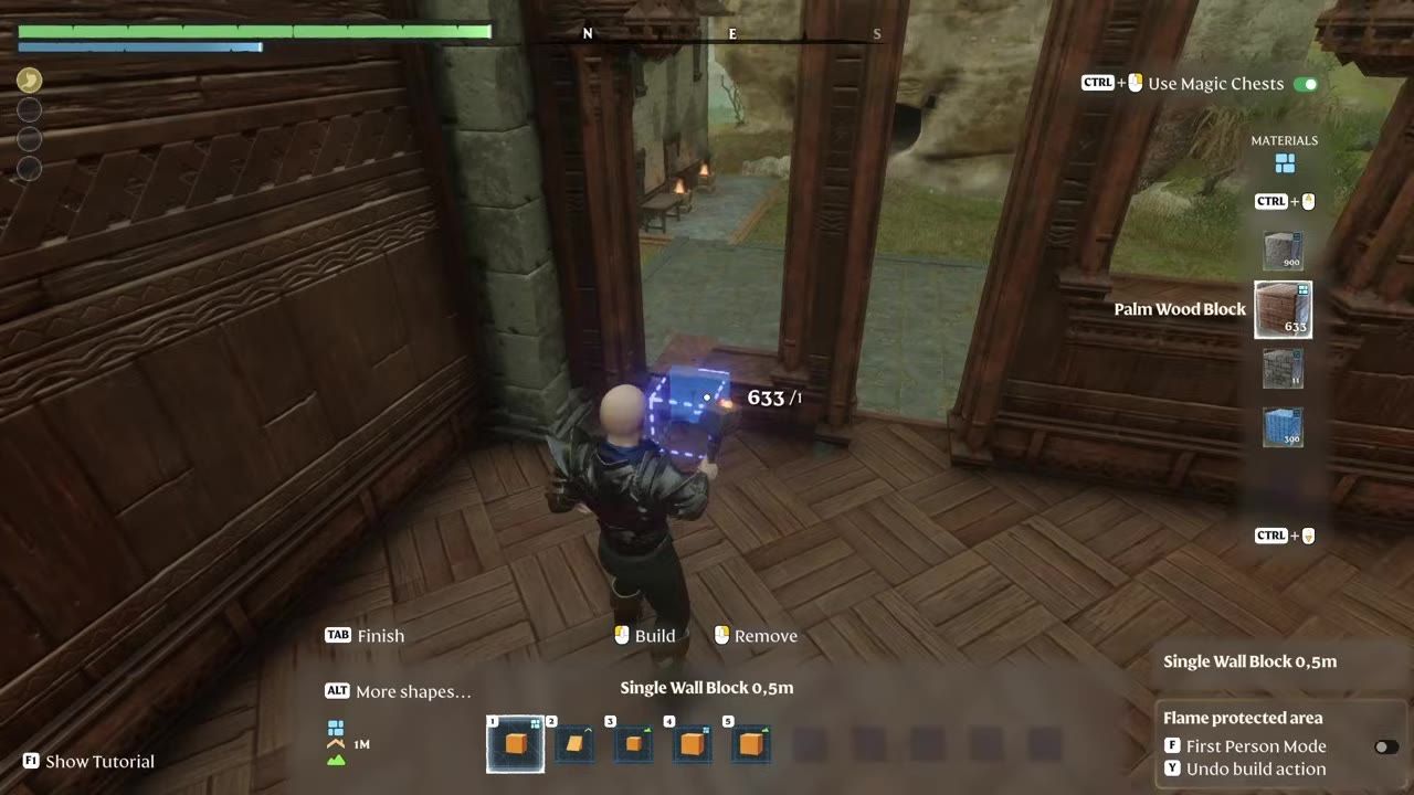 A character building custom wooden window frames in a game using individual blocks.