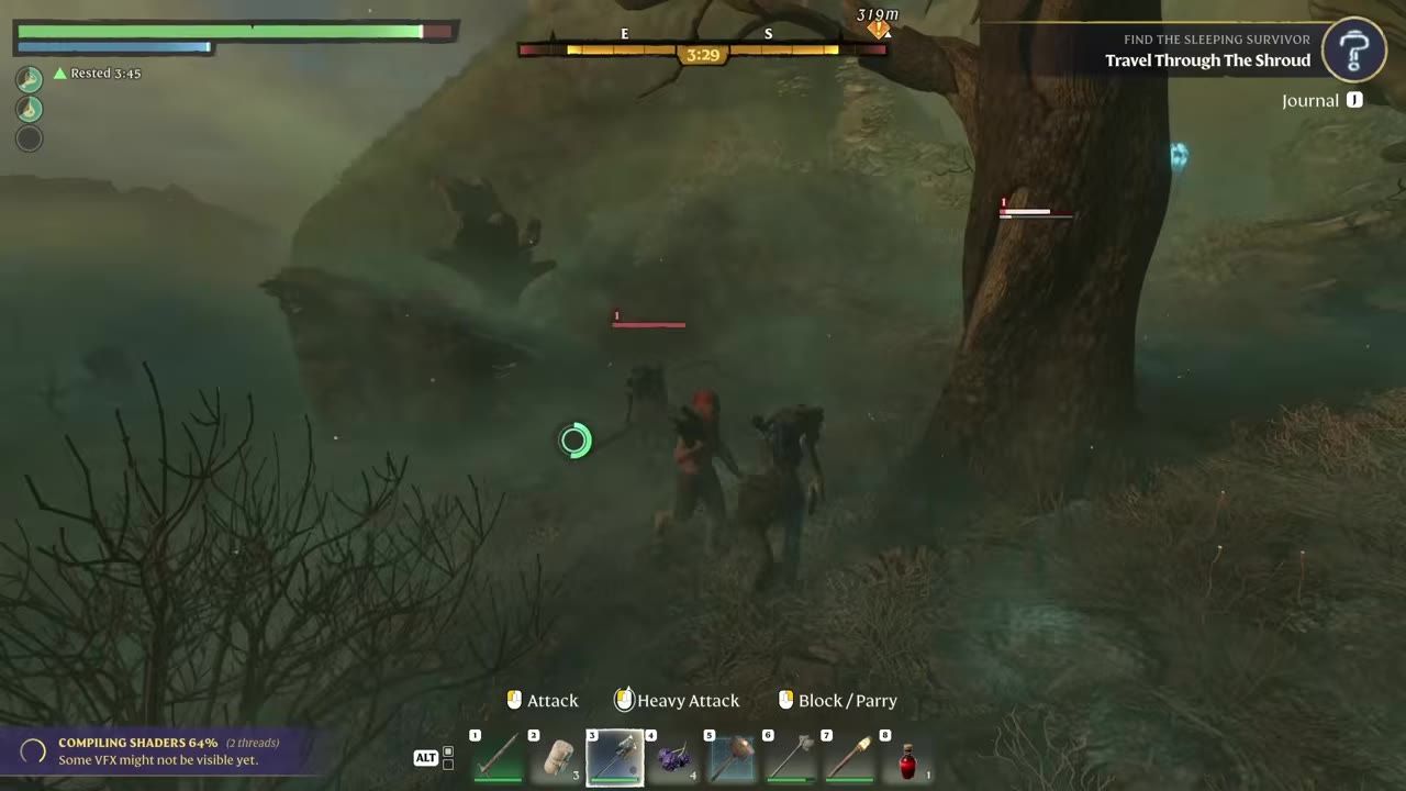 A player fights two enemies in a foggy green area with the quest objective and combat HUD visible.