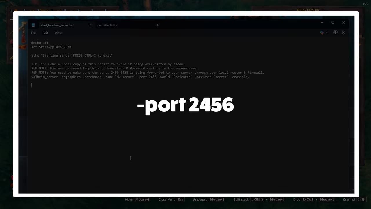 A BAT file editor showing server settings including the crossplay argument.