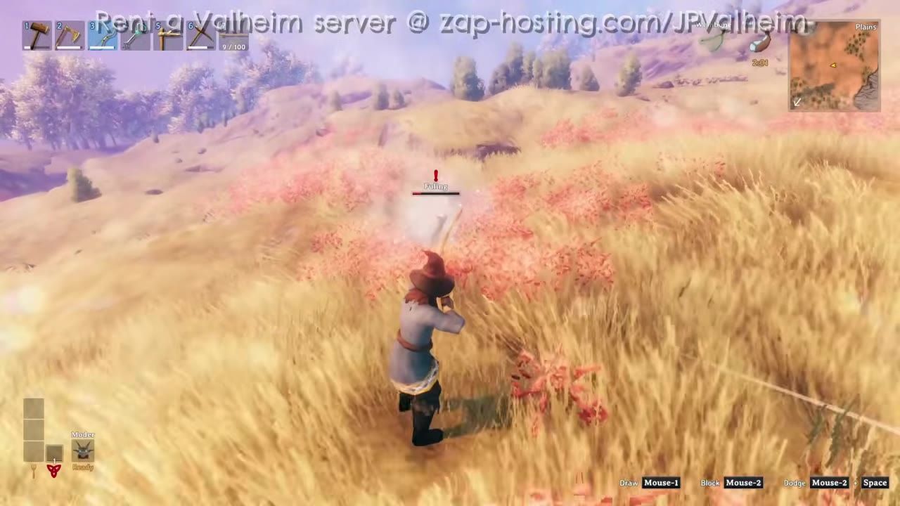 A player character aiming a weapon at an enemy in a grassy field, with the enemy showing a frost-like effect.