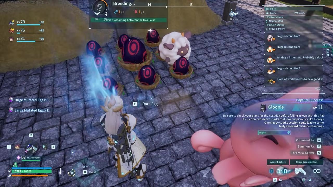 A game screen showing a character near several eggs and a creature with statistics and menus displayed.