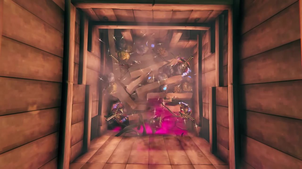 A wooden containment area with various glowing objects and resources inside.