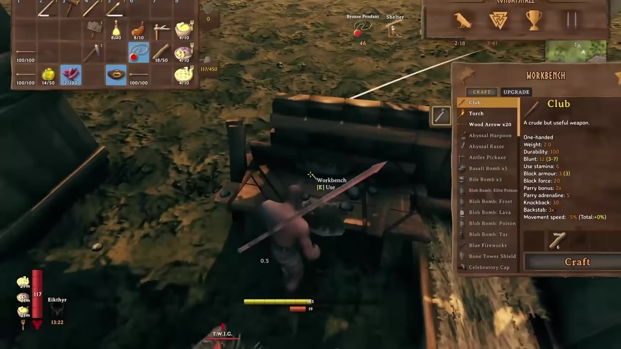 Image showing a character interacting with the workbench menu in Valheim.