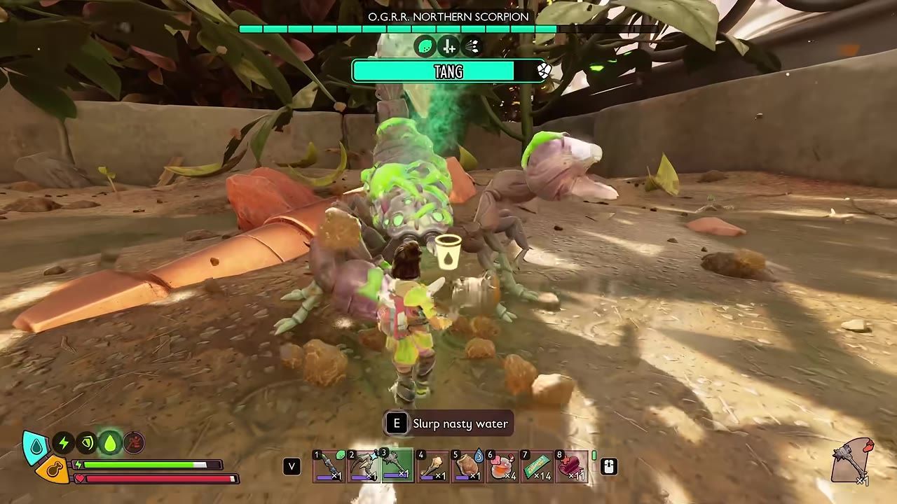 Game scene showing a boss encounter with a character facing a large scorpion-like creature.