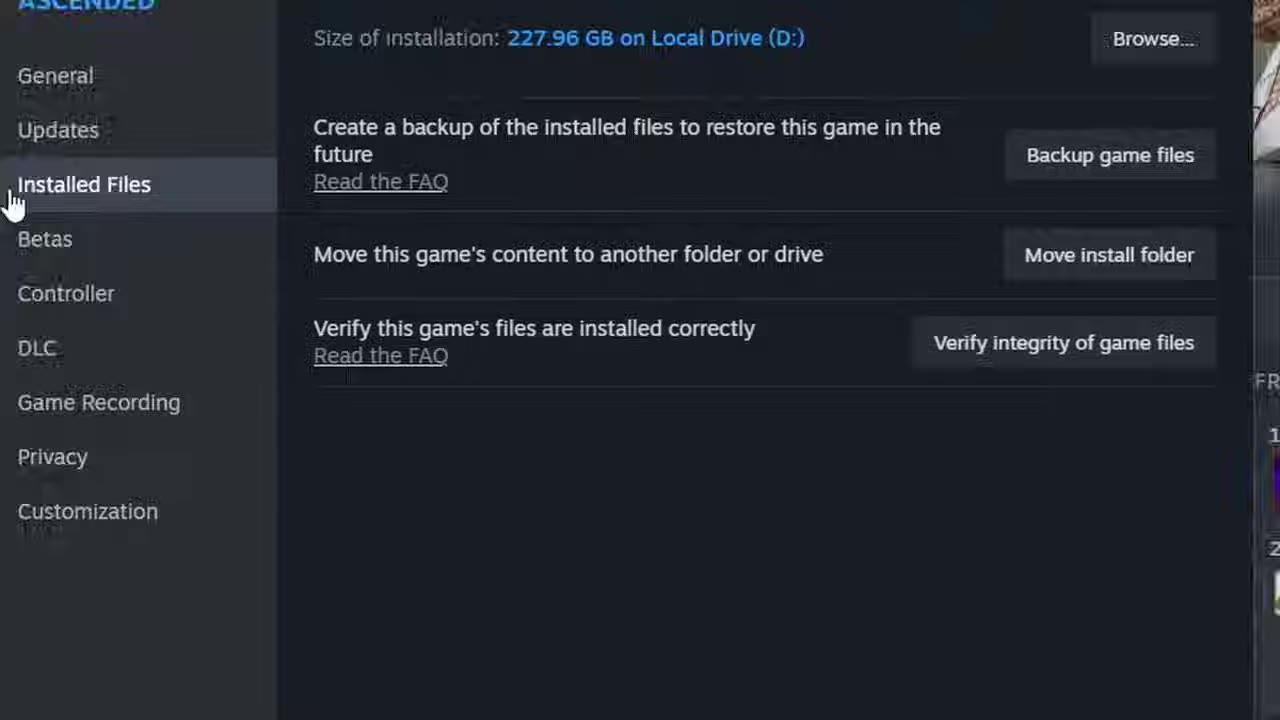 Steam properties window showing installed files and verification options.