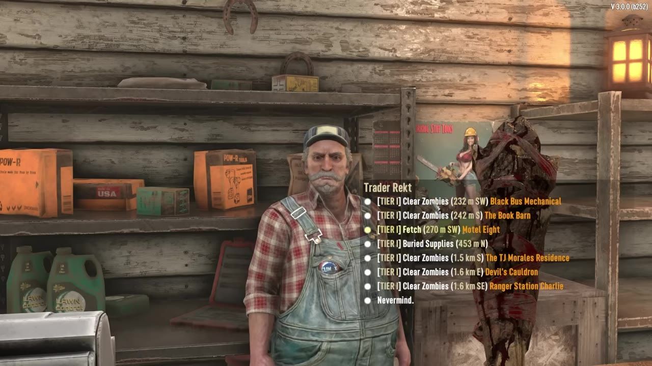 A trader in a wooden store with visible shelves and a menu displaying several quests.