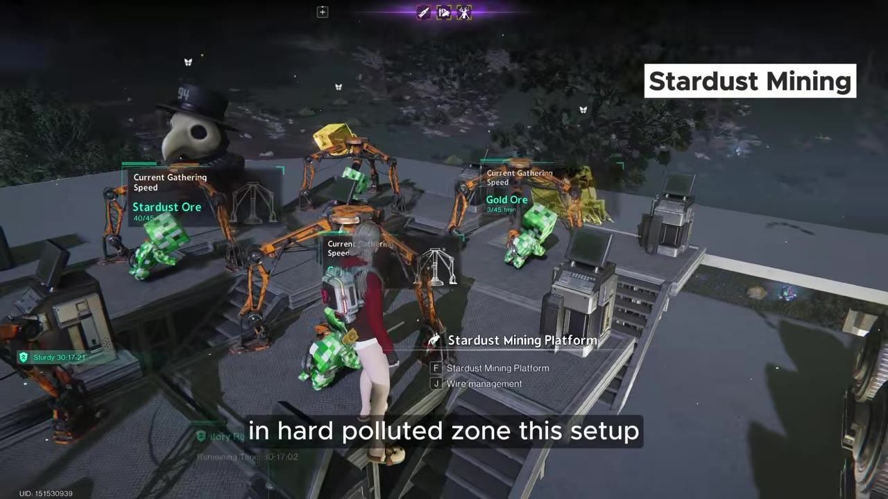 Active stardust mining platforms operating in a polluted area, displaying resource collection interfaces.