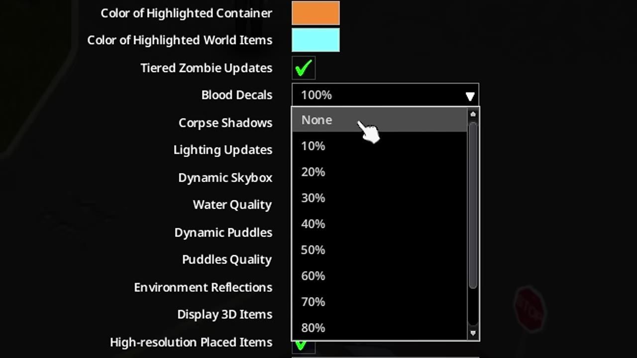 Graphical settings menu showing blood decals and corpse shadows options.