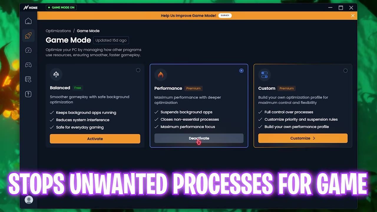 Interface of a PC optimization tool showing options for balancing, performance, and custom settings.