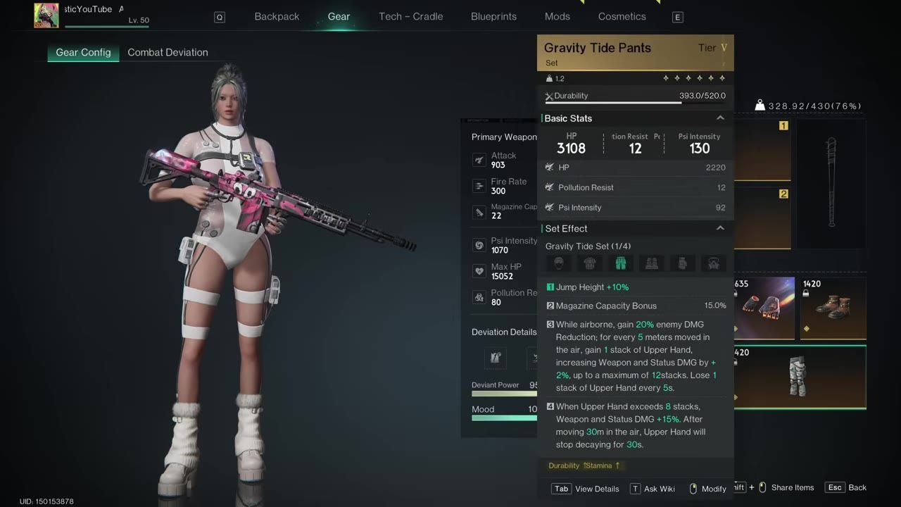 A game screenshot showing a character gear menu with Gravity Tied Pants highlighted and its attributes detailed.