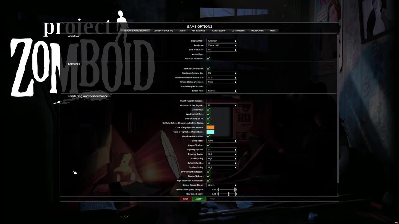The game settings menu showing graphical and performance options.