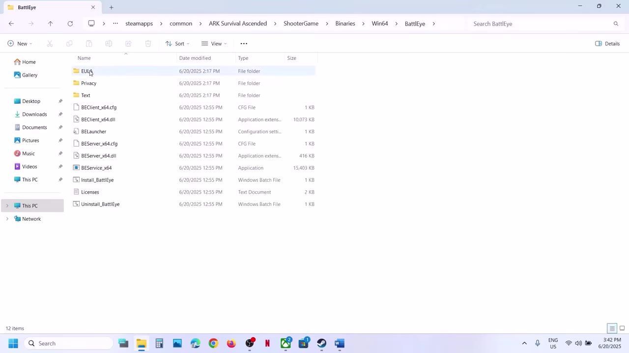 File explorer window displaying BattleEye folder contents, including uninstallation and installation batch files.