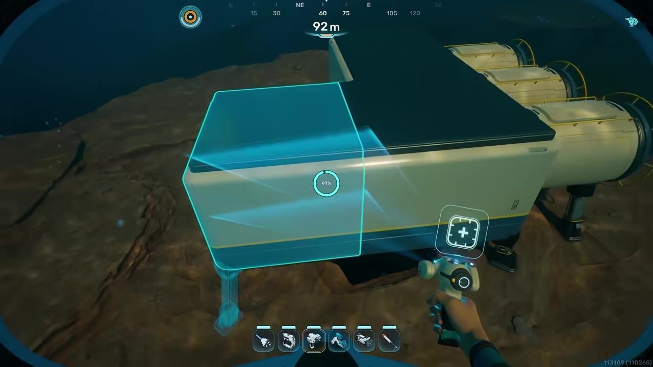 A player in an underwater environment aligning a corridor module with another structure using a building tool.