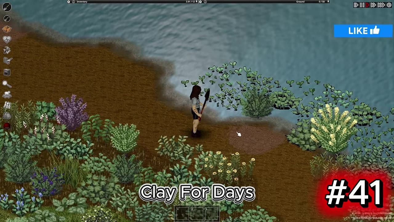 A video game scene showing a character near a river and vegetation holding a tool, likely for gathering resources.