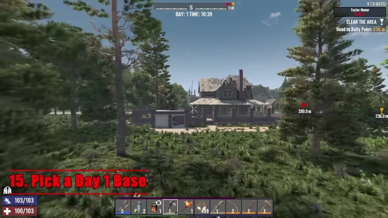 A building surrounded by trees with a waypoint marker in the game, and interface showing health and inventory.