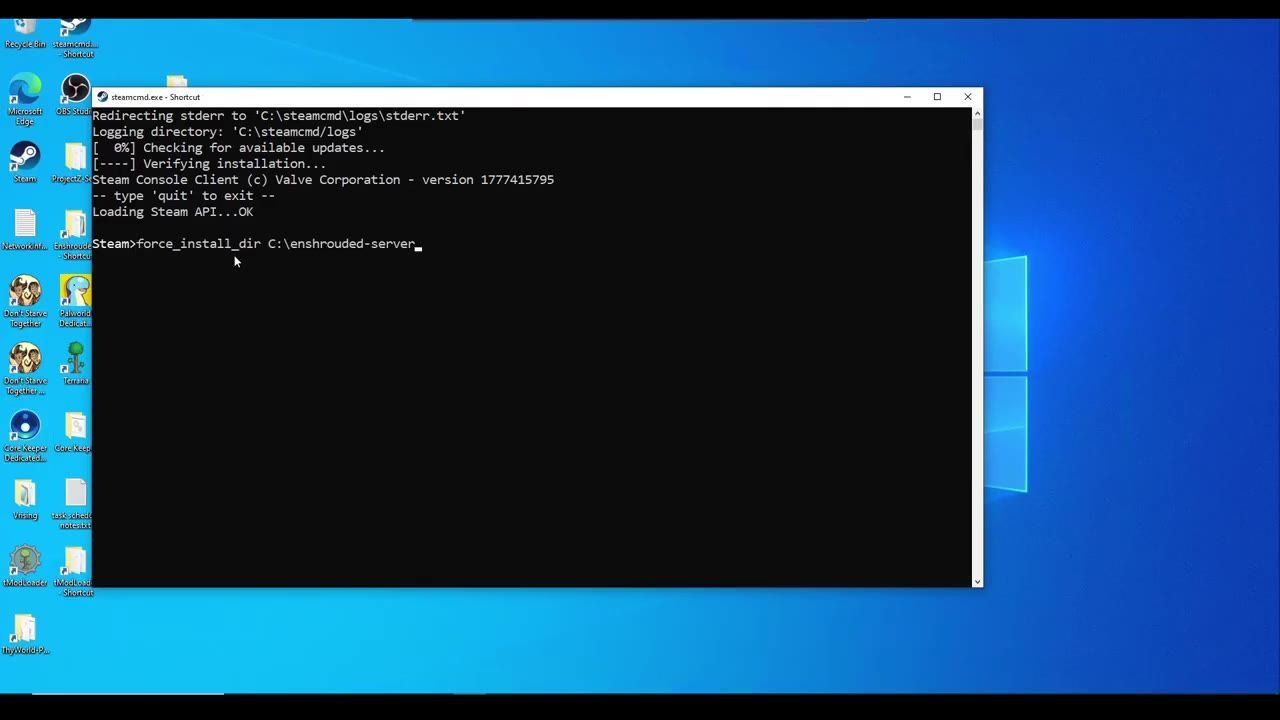 SteamCMD interface with server setup commands displayed on a Windows desktop.
