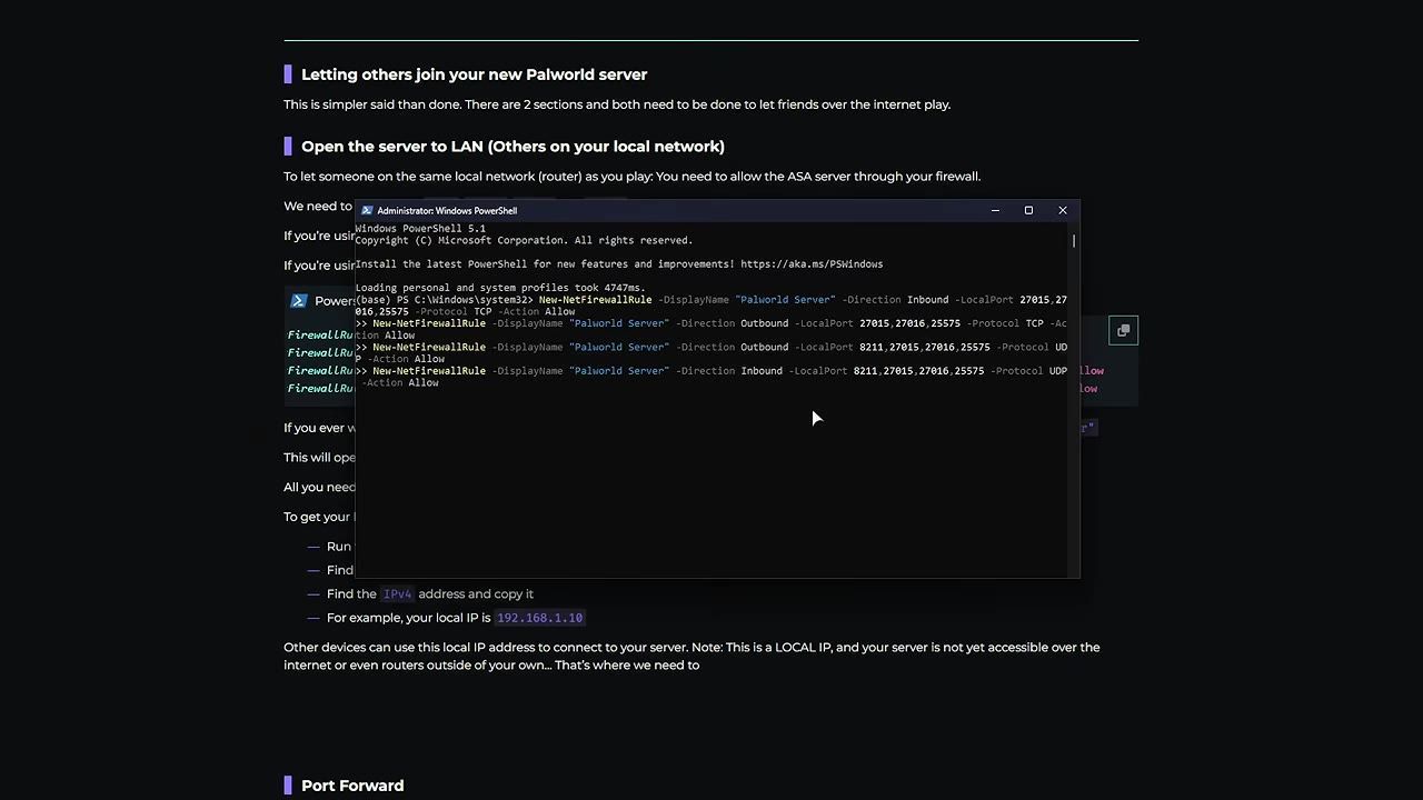 A PowerShell window displaying commands to set up firewall rules for a server.