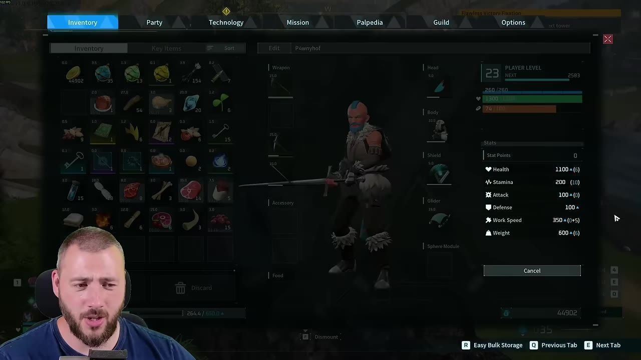 A character stats menu showing attributes like health, stamina, weight, and others, including inventory items.