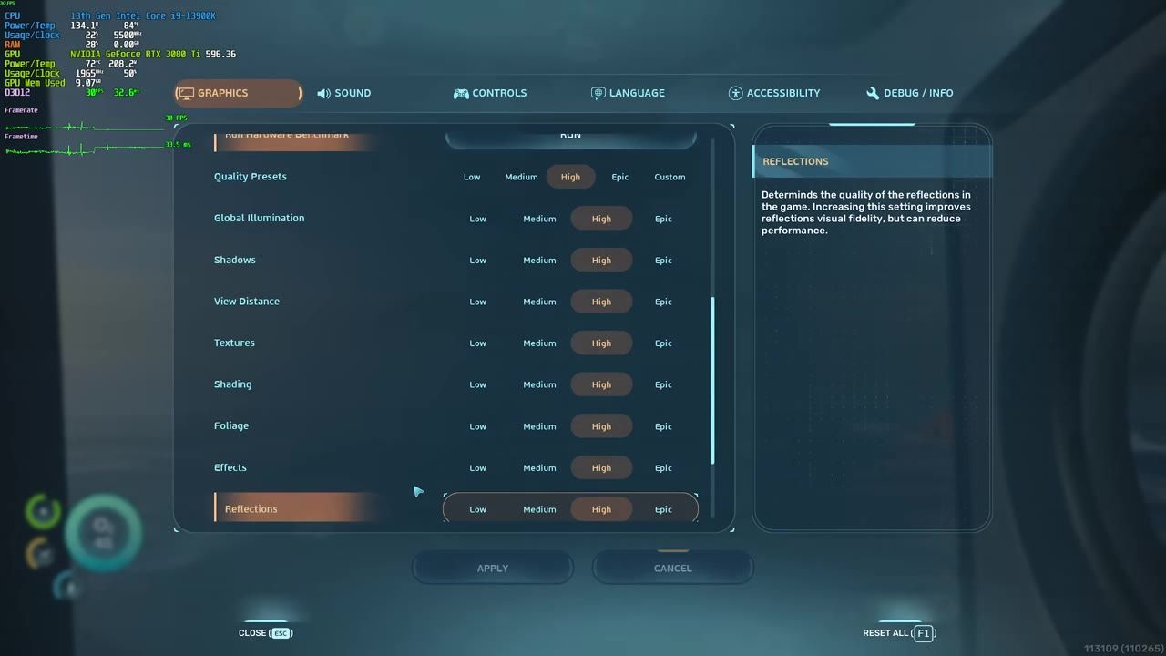 Graphics settings menu in a game showing adjustable options like shadows, reflections, and textures.