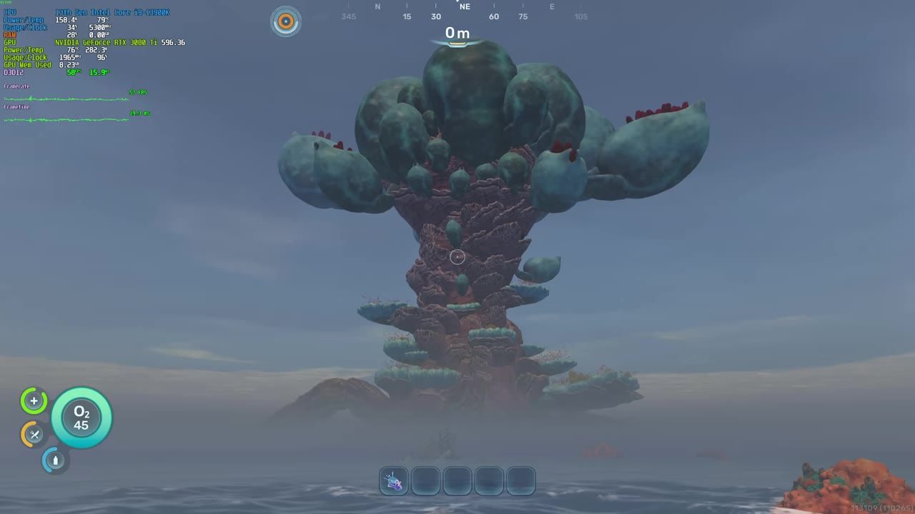 Detailed benchmark results displayed on screen over an underwater scenery in the game.