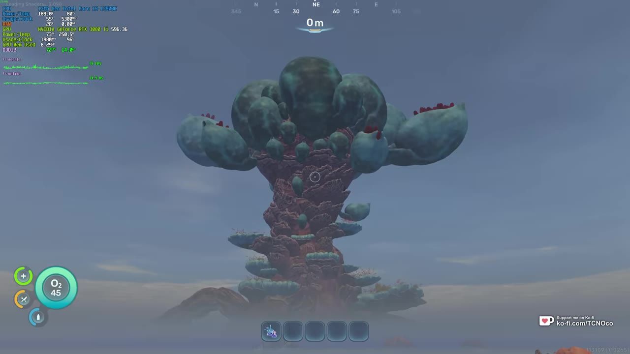 A large tree structure in a video game with hardware benchmark data and FPS overlay visible.