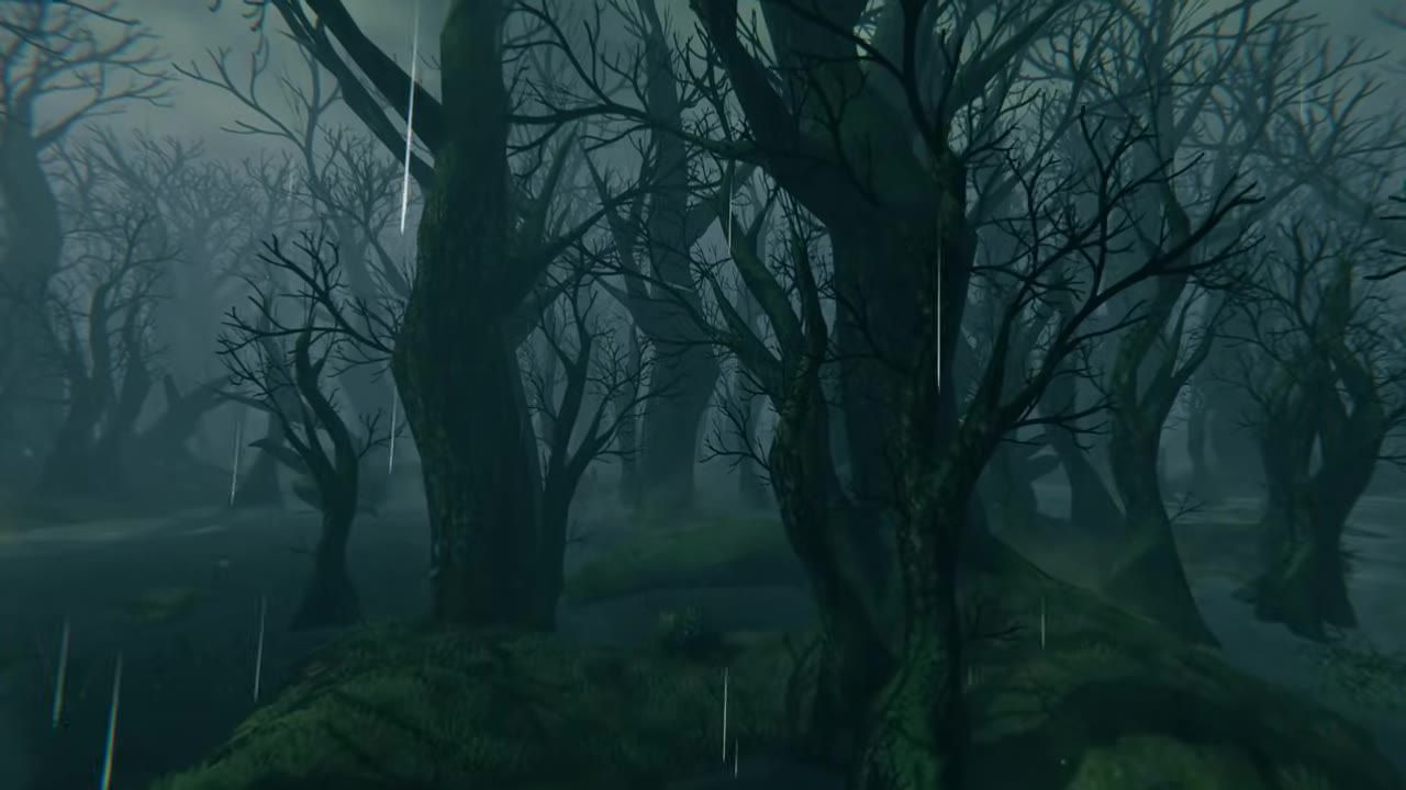 A dark, misty swamp with twisted trees and patches of water.