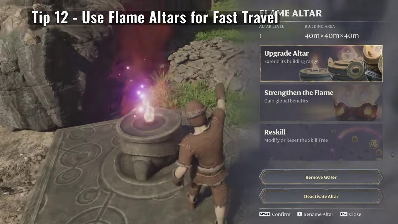 A glowing Flame Altar with user interface options displayed.