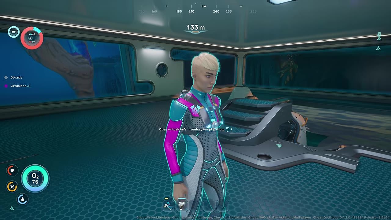 A multiplayer character stands inside an underwater base with an interaction prompt to open another player’s inventory.