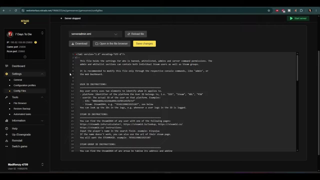 A web interface showing an open server admin configuration file with options and informational text.