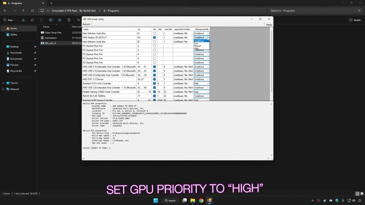 A Windows desktop shows File Explorer and an MSI utility window open with a GPU device selected and an interrupt priority dropdown set to High, while an on-screen caption says to set GPU priority to High.