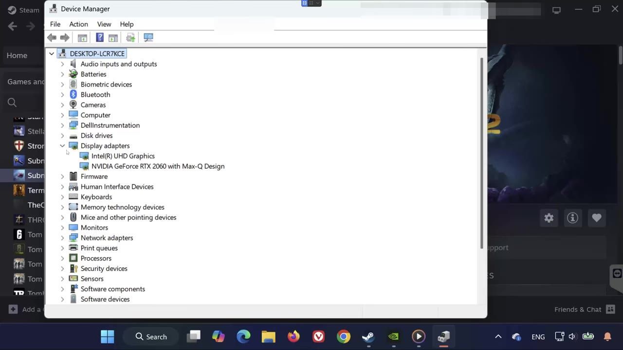 Windows Device Manager with the 'Display Adapters' section expanded, showing Intel UHD Graphics and NVIDIA GeForce RTX GPU options.